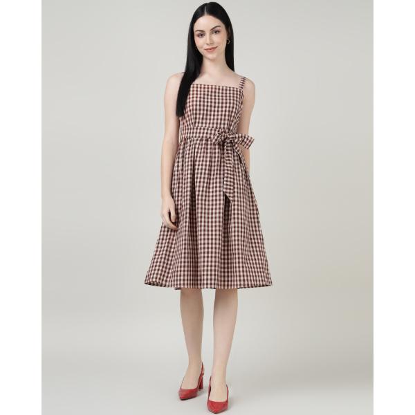 MAROON CHECKS STRAP A LINE DRESS